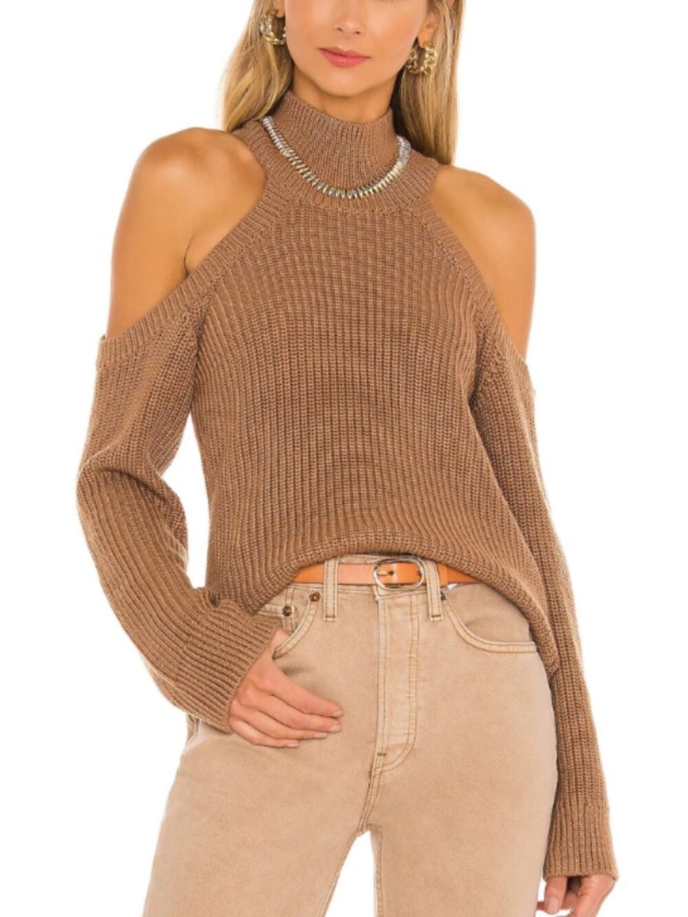 Lovers + Friends Beige Cold Shoulder Ribbed Turtleneck